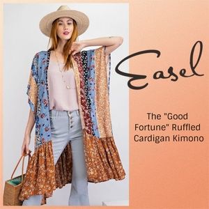 Easel "Good Fortune" Mixed Floral Print Ruffled Long Flowy Open Cardigan Kimono